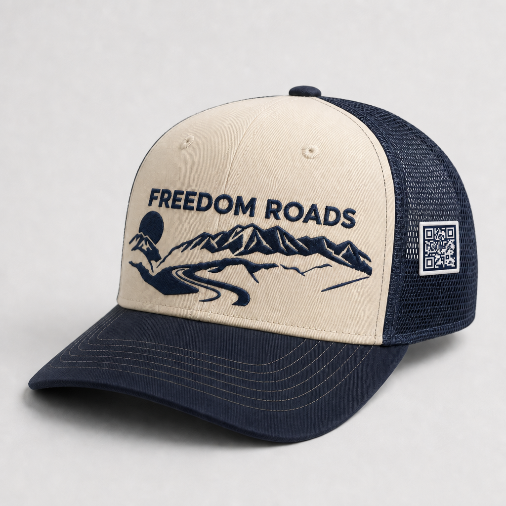 Freedom Roads Trucker Hat — Tan & Navy